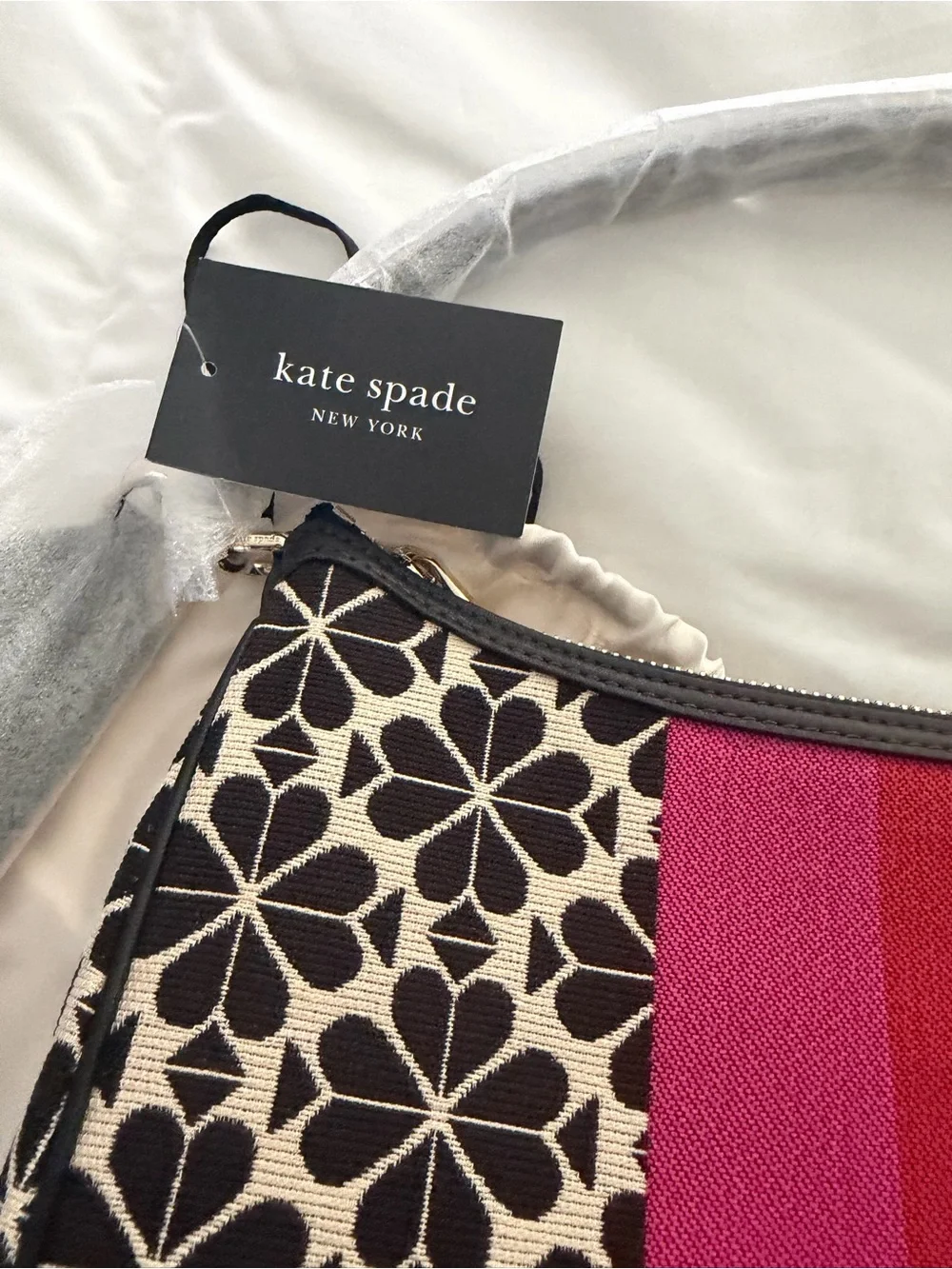 kate spade Black Floral Canvas Shoulder Bag with Red and Pink Stripe NWT